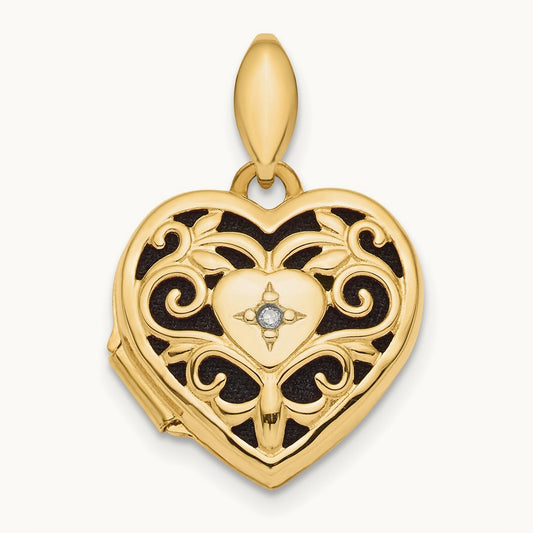 Polished Filigree w/ Black Fabric Diamond Heart Locket, 14K