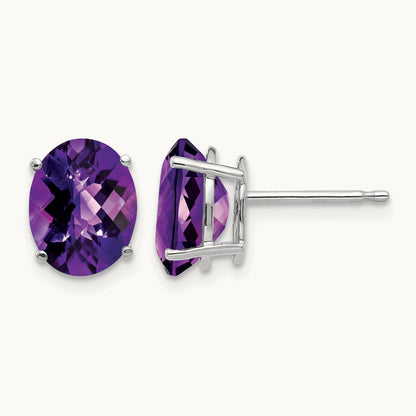 9x7mm Oval Amethyst Checker Earrings, 14K White Gold