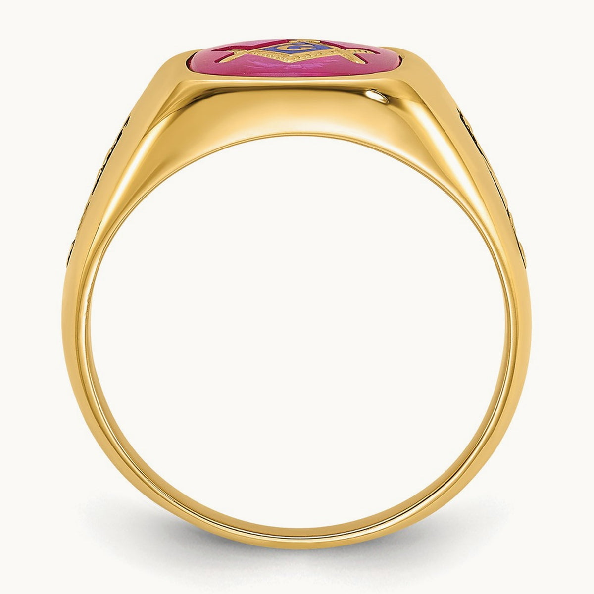 Men's Textured w/ Black Enamel & Lab Cr. Ruby Masonic Ring, 14K