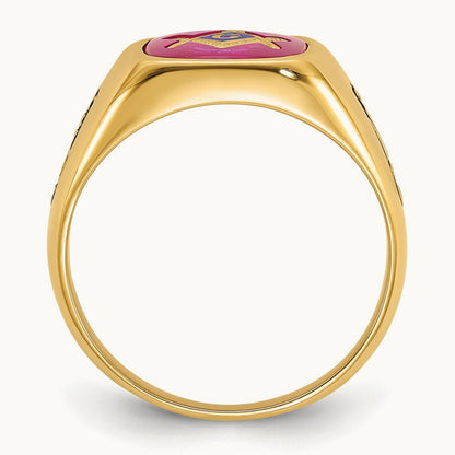 Men's Textured w/ Black Enamel & Lab Cr. Ruby Masonic Ring, 14K