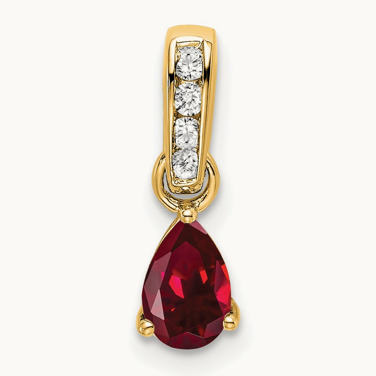 Pear Created Ruby and Lab-Grown Diamond Pendant — 14K Yellow Gold