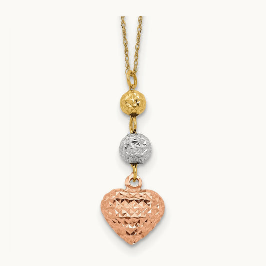 Tri-color Ropa Diamond Cut Beads & Heart w/ 2in Ext Necklace, 14K