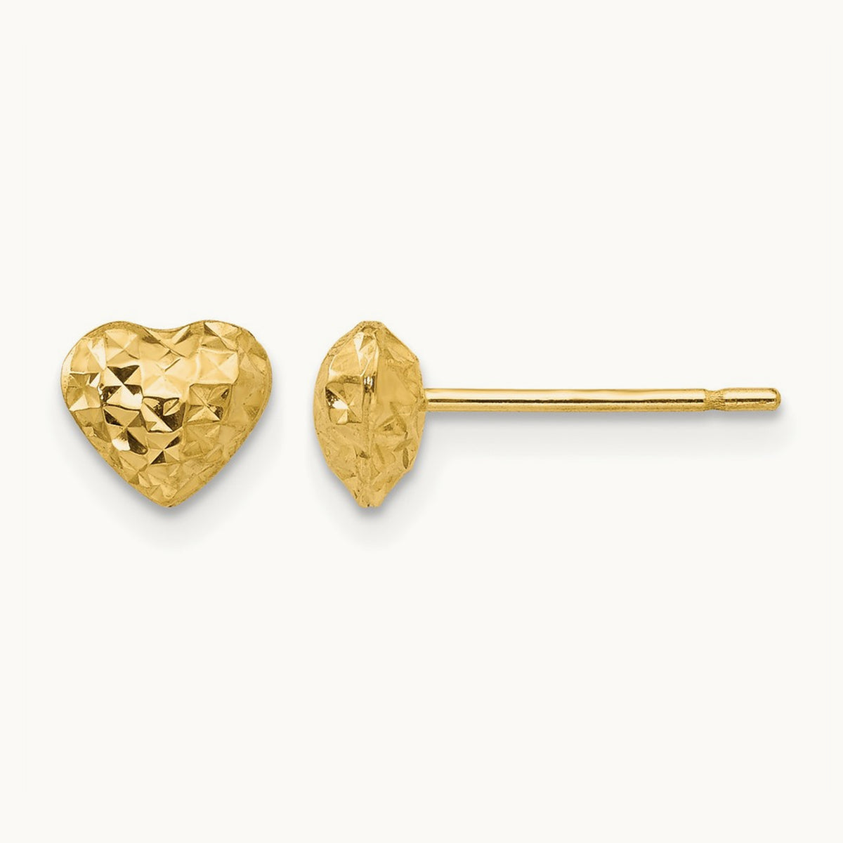 Diamond Cut Puffed Heart Post Stud Earrings — 14K Yellow Gold