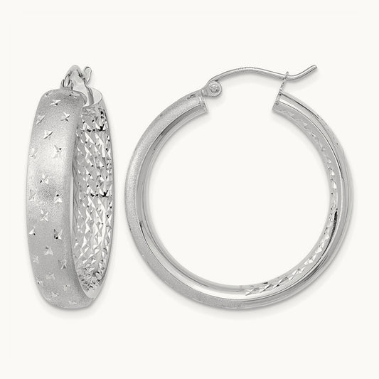 Polished Satin and Diamond-cut In/Out Hoop Earrings — 14K White Gold, 30mm