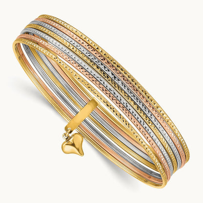 w/Dangle Heart Tri-color Set of 7 Textured Slip-on Bangles, 14K