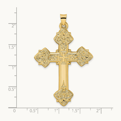 Polished Hollow Fancy Fleur de Lis Cross Pendant, 14K
