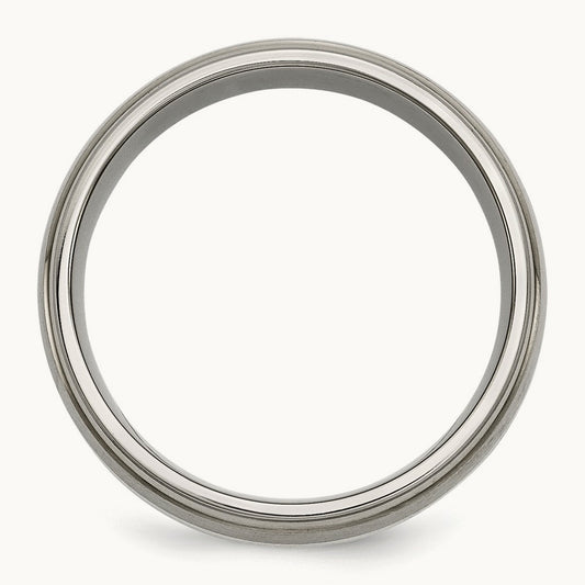 Brushed/Polished w/Sterling Silver Inlay Ridged Edge Band, 8mm, Titanium