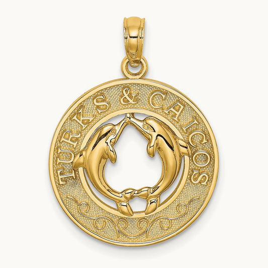 TURKS AND CAICOS w/ Dolphins Circle Charm, 14K