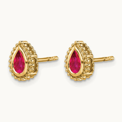 Pear Ruby Post Earrings — 14K Yellow Gold