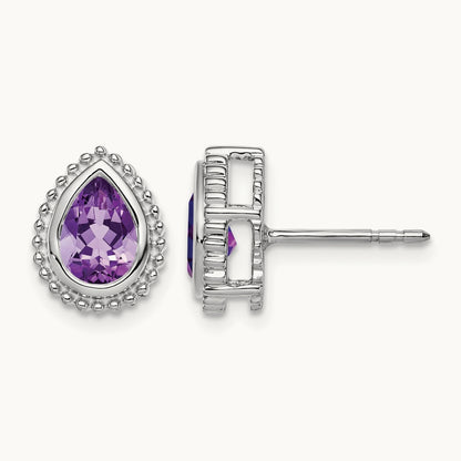 Pear Amethyst Post Earrings, 14K White Gold