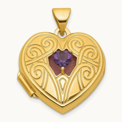 Polished Amethyst February Birthstone Heart Locket, 18mm, 14K