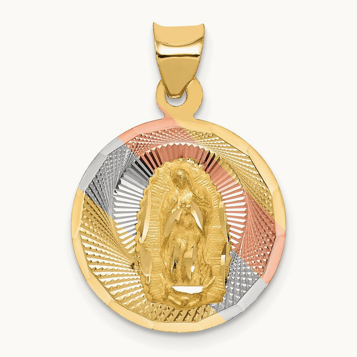 Polished Diamond-cut Lady Of Guadalupe Circle Pendant — 14K Two-Tone Gold, 23.4mm