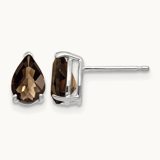 7x5 Pear Checker-Cut Smoky Quartz Earrings, 14K White Gold