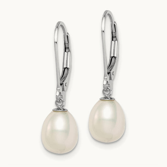Rhodium-plated 7- White FWC Pearl Leverback Earrings, 8mm, Sterling Silver
