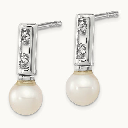 3- White Round FWC Pearl .02ct Diamond Earrings, 4mm, 14K White Gold