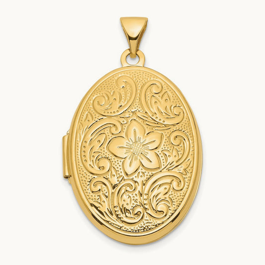 Reversible Floral Swirl Design Oval Locket, 26mm, 14K Yellow Gold