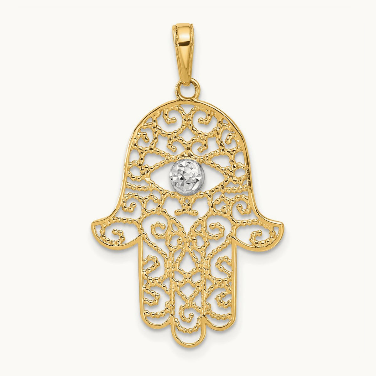 D/C Filigree Hamsa Pendant, 14K with White Rhodium