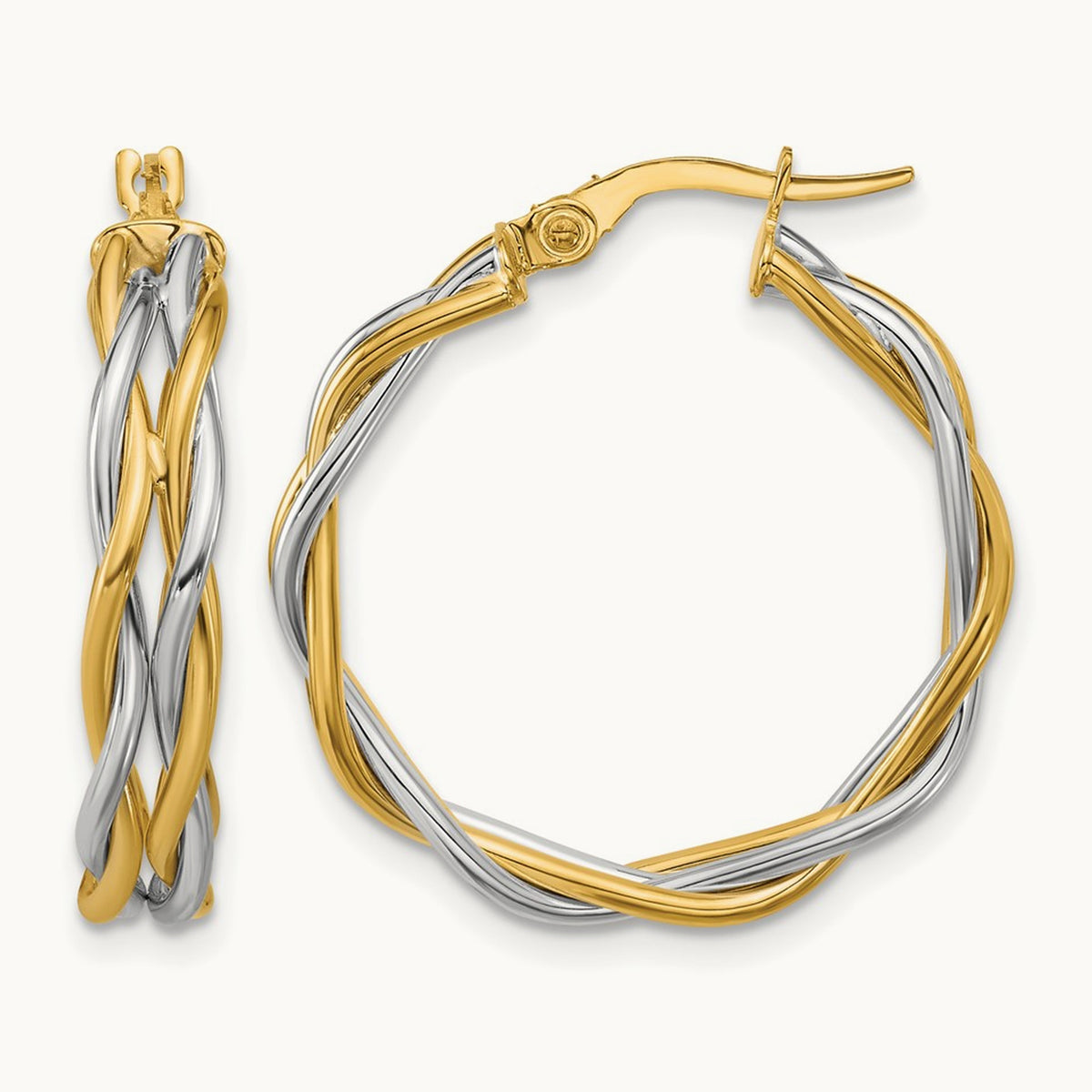 Polished Twisted Round Hoop Earrings with Rhodium — 25mm