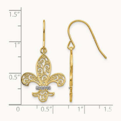 & Rhodium Fleur de lis Shepherd Hook Earrings, 14K