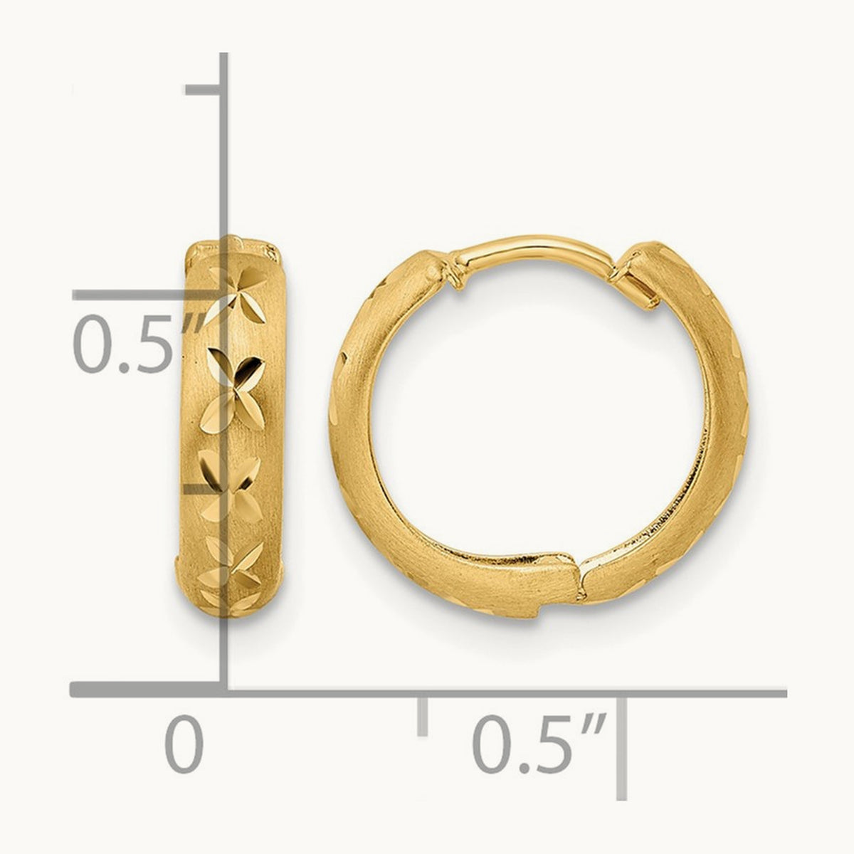 Diamond-cut X Satin 3x13mm Hinged Hoop Earrings — 14K Yellow Gold