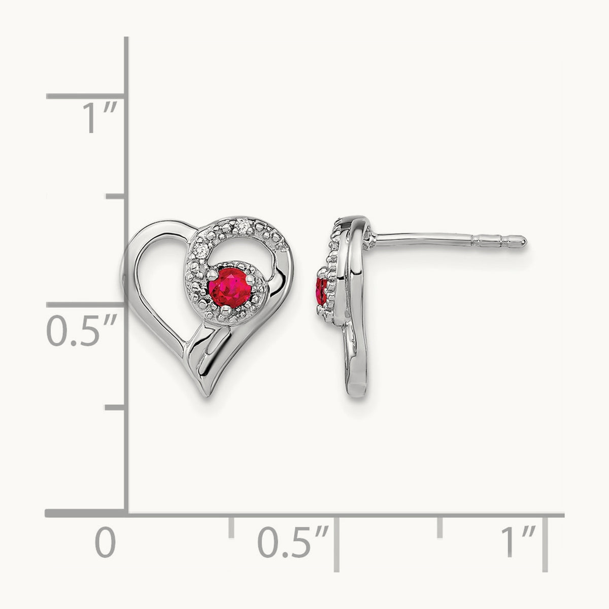 Ruby and Diamond Heart Earrings — 14K White Gold, 11mm