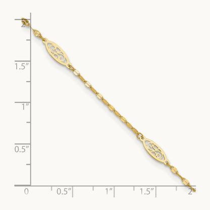 Polished Fancy Filigree Link 9in Plus 1 in ext. Anklet, 14K