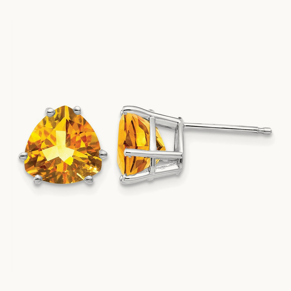 Citrine Trillion Stud Earrings, 8mm, 14K White Gold