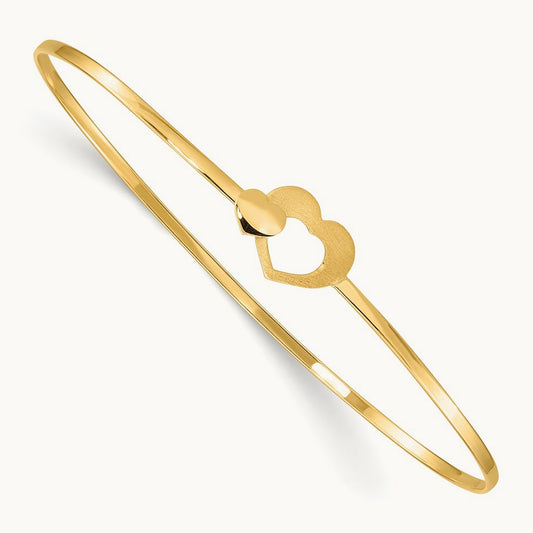 Brushed and Polished Hearts Flexible Bangle, 14K