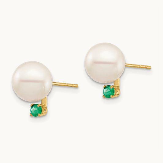 8- White Round Freshwater Cultured Pearl Emerald Post Earrings, 8.5mm, 14K