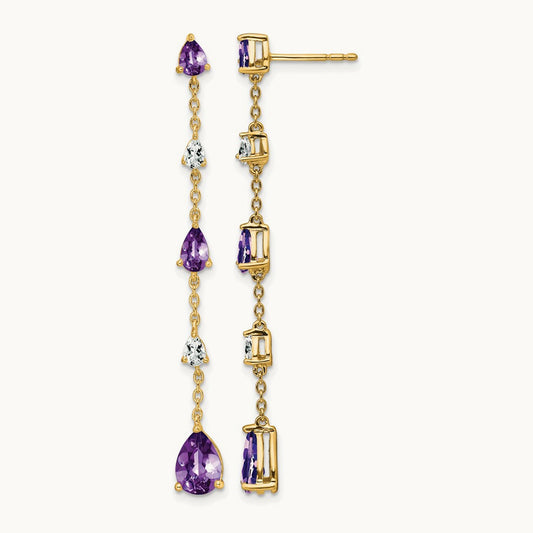 Amethyst and White Topaz Dangle Earrings, 14K