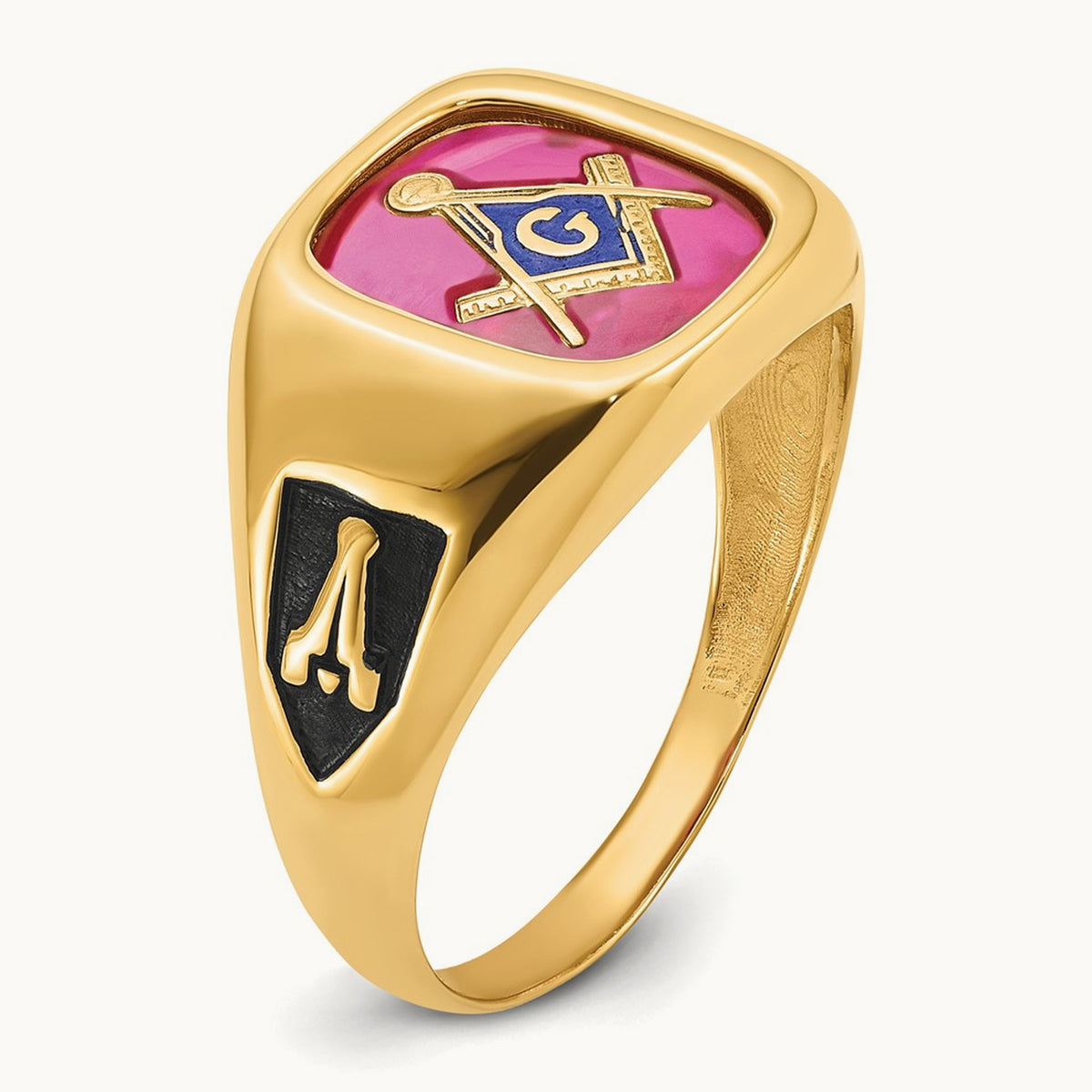 Men's Textured w/ Black Enamel & Lab Cr. Ruby Masonic Ring, 14K