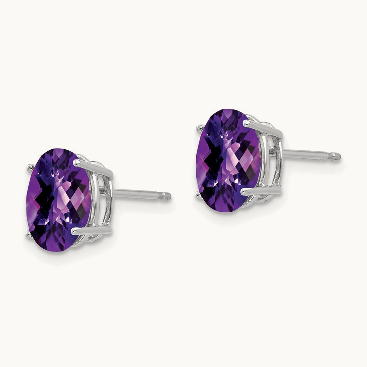 9x7mm Oval Amethyst Checker Earrings, 14K White Gold