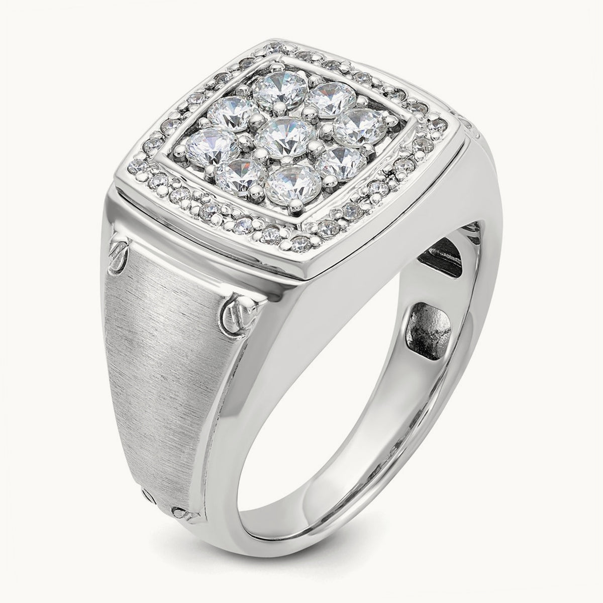Men's Polished & Satin Diamond Square Cluster Ring — 14K White Gold