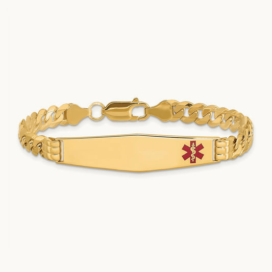 Medical Soft Diamond Shape Red Enamel Curb Link ID Bracelet, 14K