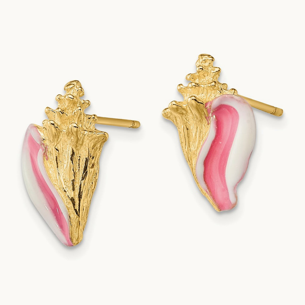 Conch Shell Post Earrings with Pink Enamel — 15.4mm