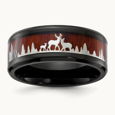 Polished Black IP w/Wood Inlay Deer in Forest Design Band, Stainless Steel