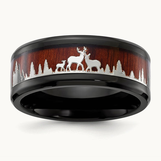 Polished Black IP w/Wood Inlay Deer in Forest Design Band, Stainless Steel