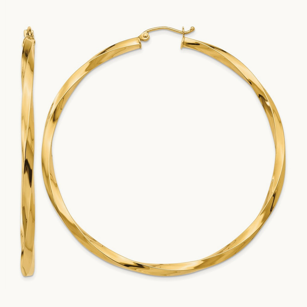 Square Tube Twisted Hoop Earrings — 14K Yellow Gold, 60mm, 3mm