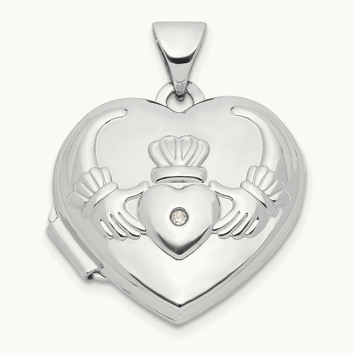 Diamond Heart Claddagh Locket, 14K White Gold