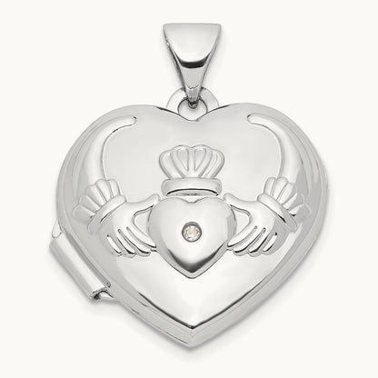 Diamond Heart Claddagh Locket, 14K White Gold
