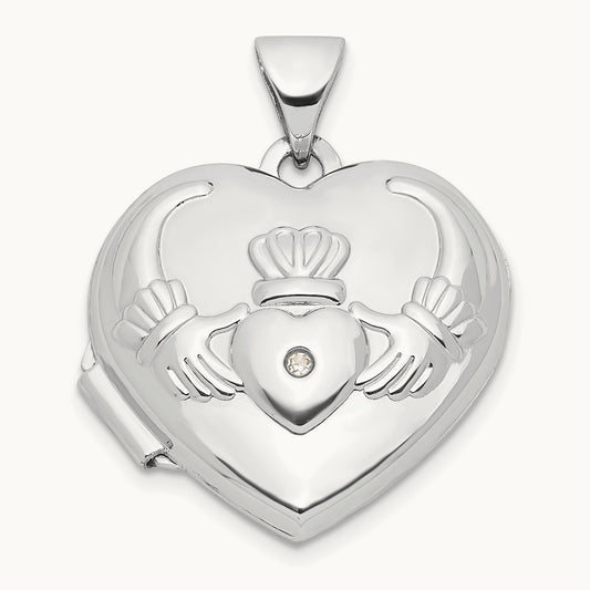 Diamond Heart Claddagh Locket, 14K White Gold