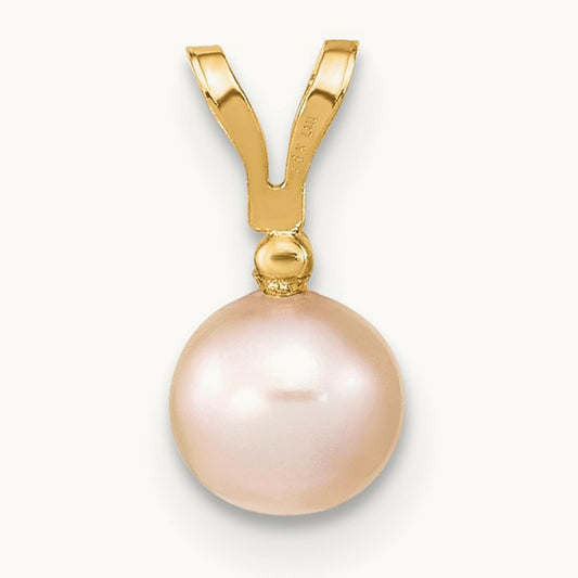 5- Round Pink Freshwater Cultured Pearl Diamond Pendant, 6mm, 14K