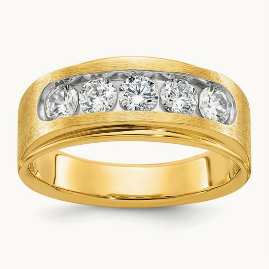 With White Rhodium 5 Stone Men's Ring, 1.00 ct tw Lab-Grown Diamond — 14K Yellow Gold