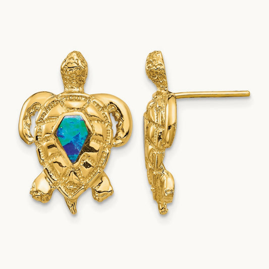 Created Opal Turtle Post Earrings, 14K