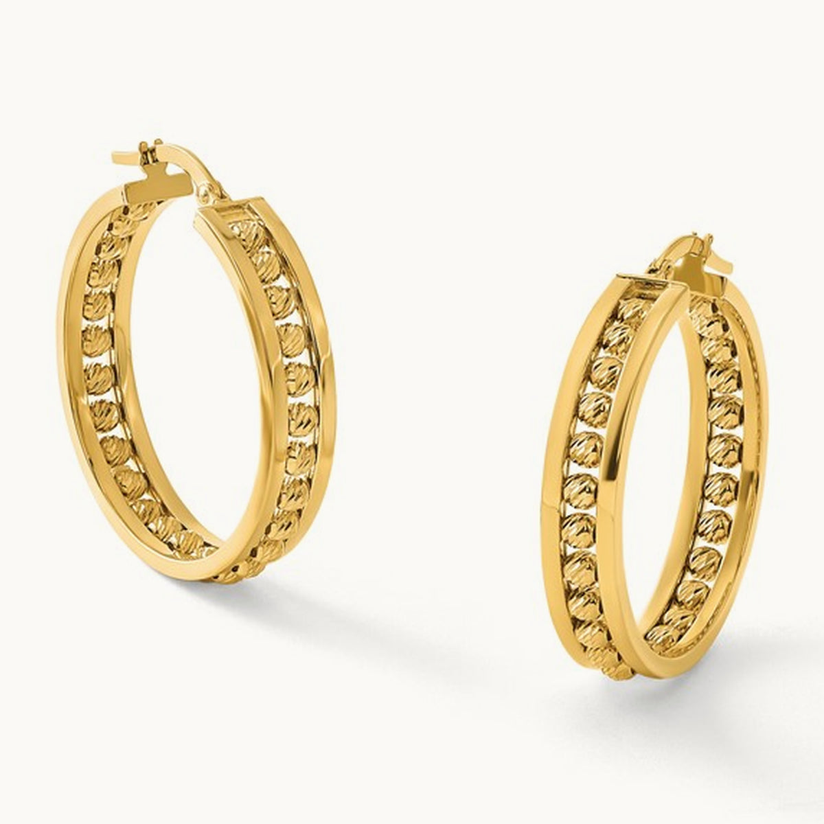 Polished and Diamond-cut Beaded Tube Hoop Earrings — 29.5mm