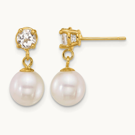 7- Rnd Wht FWC Pearl & White Topaz Post Dangle Earrings, 8mm, 14K
