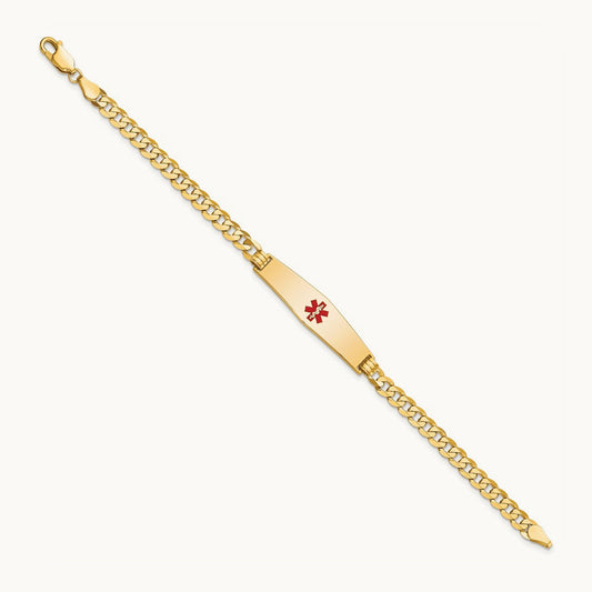 Medical Soft Diamond Shape Red Enamel Flat Curb Link ID Bracelet, 14K