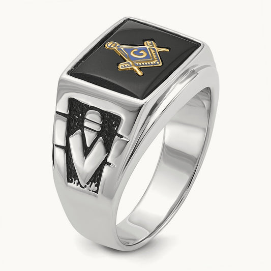 Men's Polished & Textured w/ Black Enamel Onyx Masonic Ring, 14K White Gold