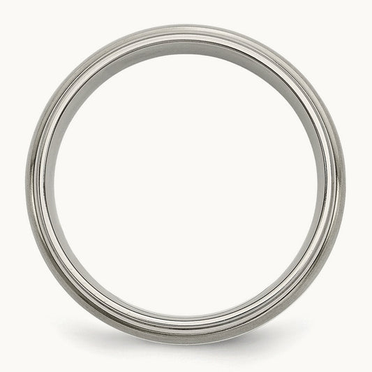 Brushed Center w/Sterling Silver Inlay Ridged Edge Band, 6mm, Titanium