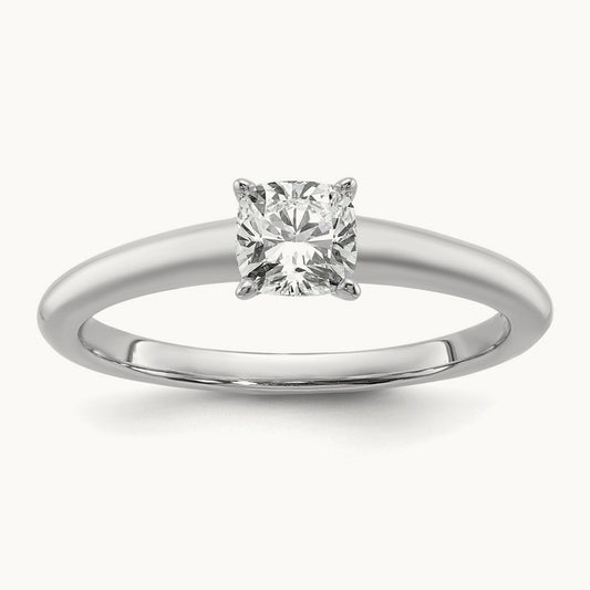 3/4ct Cert Lab Grown Diamond VS+ F+ Cushion Comp Solitaire Eng Ring, 14K White Gold